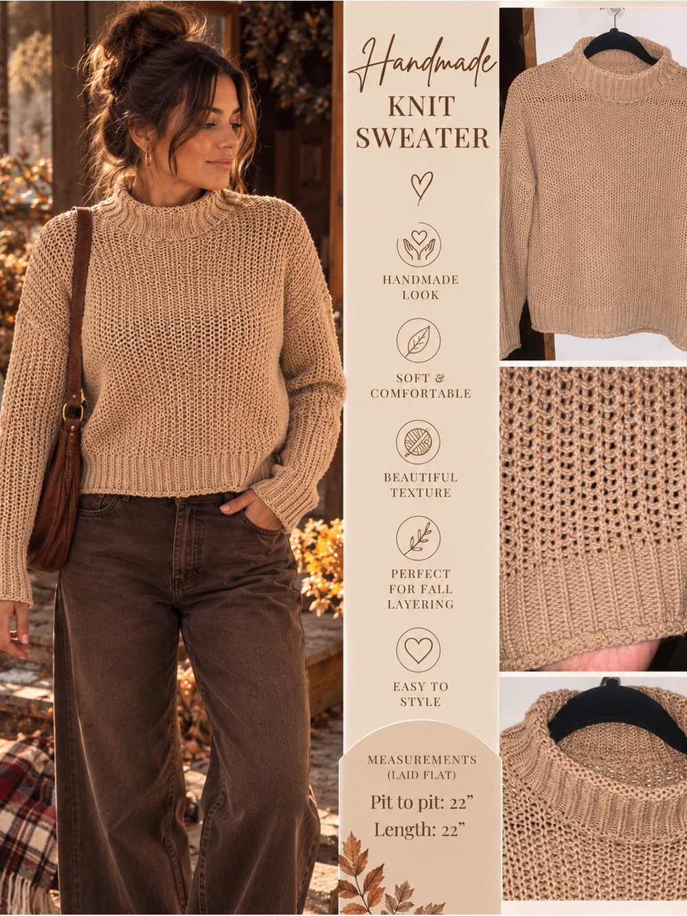 Hand Knit Beige Mock Neck Sweater | Chunky Cozy Fall Knit